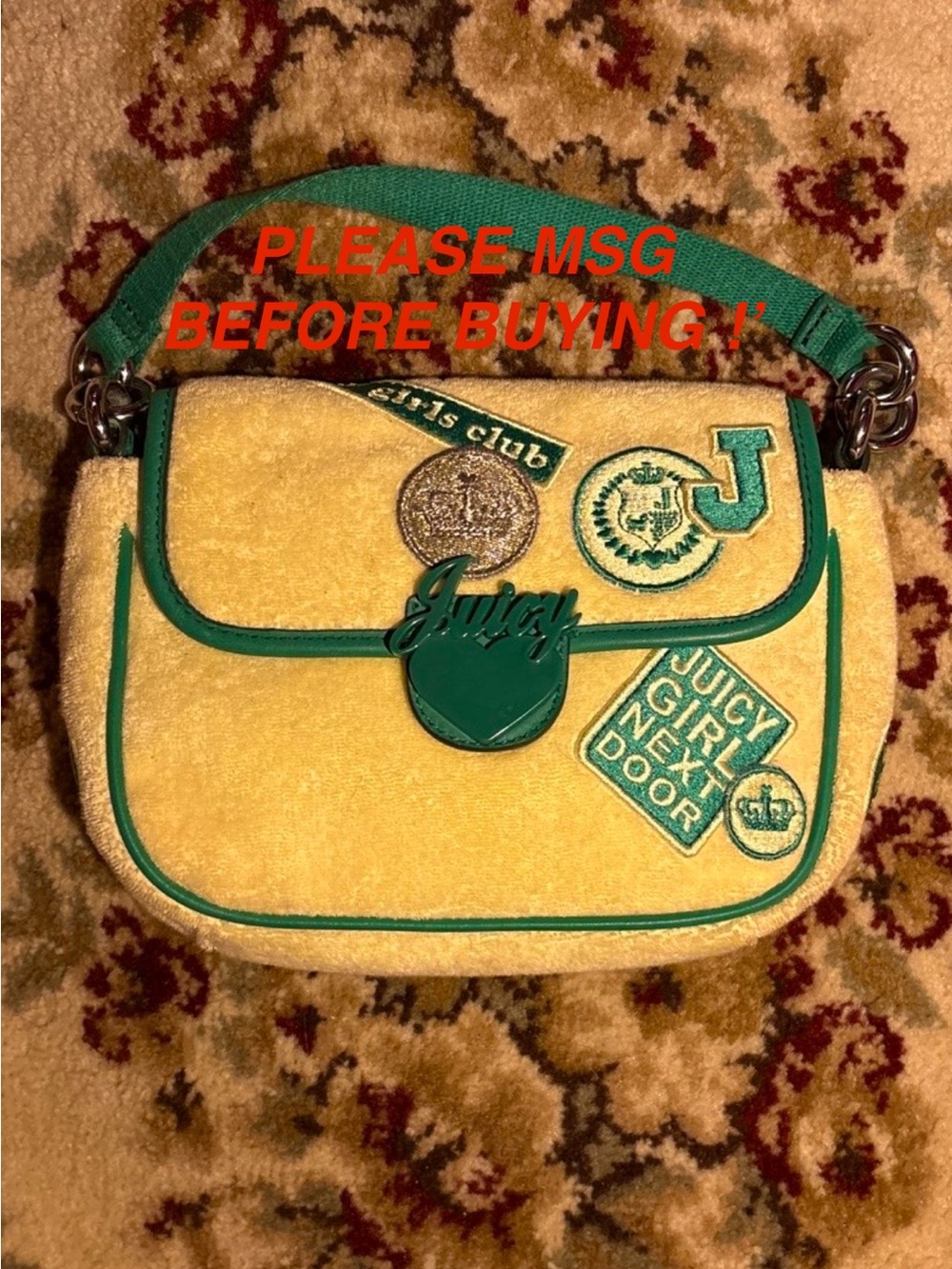 Juicy Couture Yellow Shoulder Bag with Green Trim & Logo Patch